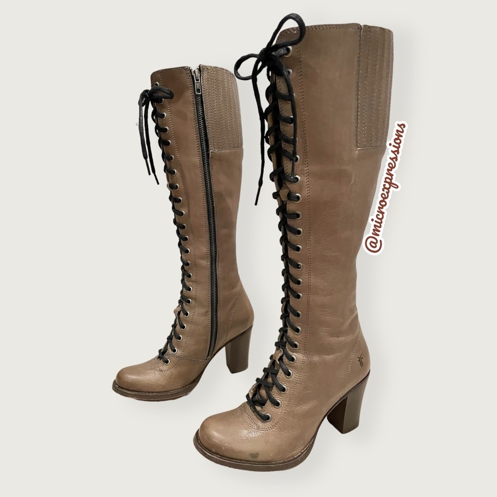 $599 Frye Julia Tall Lace Up Tan Beige Real Leather Military Zip Up Heeled Boots